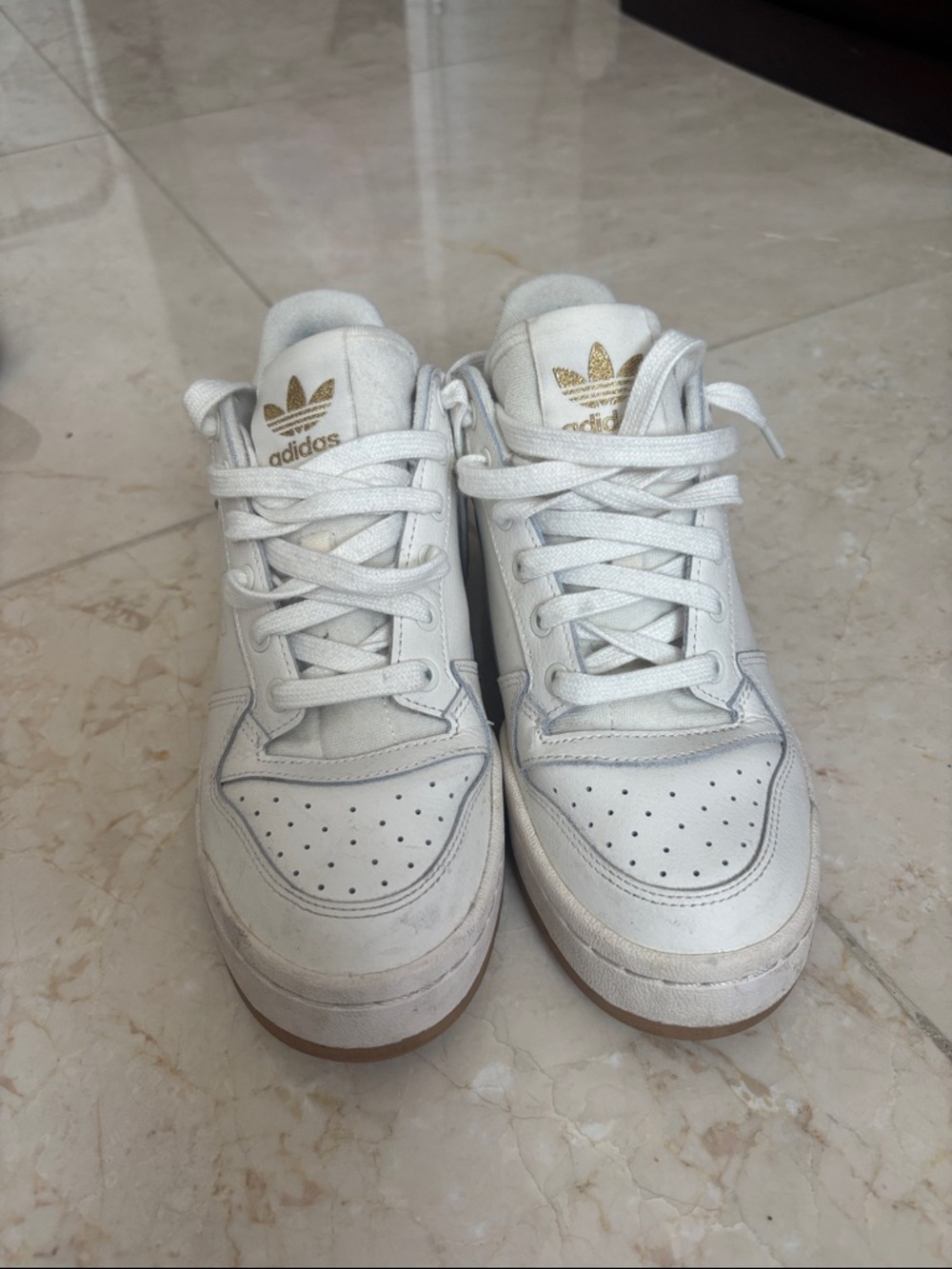 adidas White Leather Low-Top Sneakers with Gold Trefoil